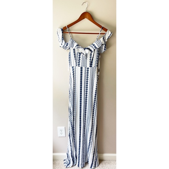 Lulus Brescia Blue and White Print Off-the-Shoulder Maxi Dress XS - Picture 4 of 5